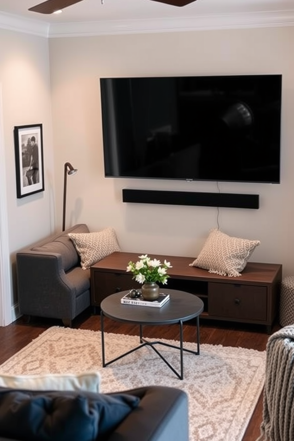 A cozy small family room features a wall-mounted TV that maximizes floor space while providing an entertainment focal point. The room is adorned with a plush sectional sofa, a stylish coffee table, and a soft area rug to create an inviting atmosphere.