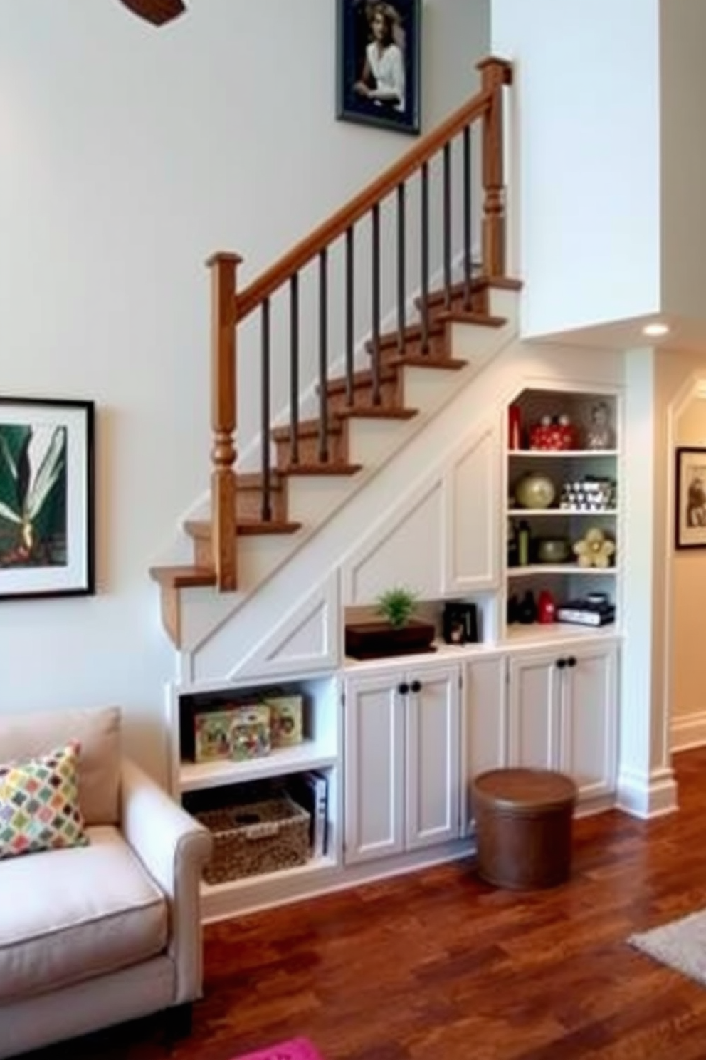 A cozy small family room features built-in storage seamlessly integrated under the stairs. The storage unit is designed with open shelves and closed cabinets, providing both functionality and style while maintaining a clutter-free environment.