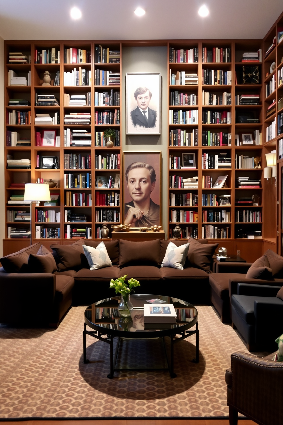 A cozy family room featuring tall bookcases that reach up to the ceiling. The bookcases are filled with an eclectic mix of books and decorative items, creating a visually interesting focal point. In the center of the room, a comfortable sectional sofa is arranged around a stylish coffee table. Soft lighting from floor lamps and wall sconces enhances the inviting atmosphere, perfect for family gatherings.