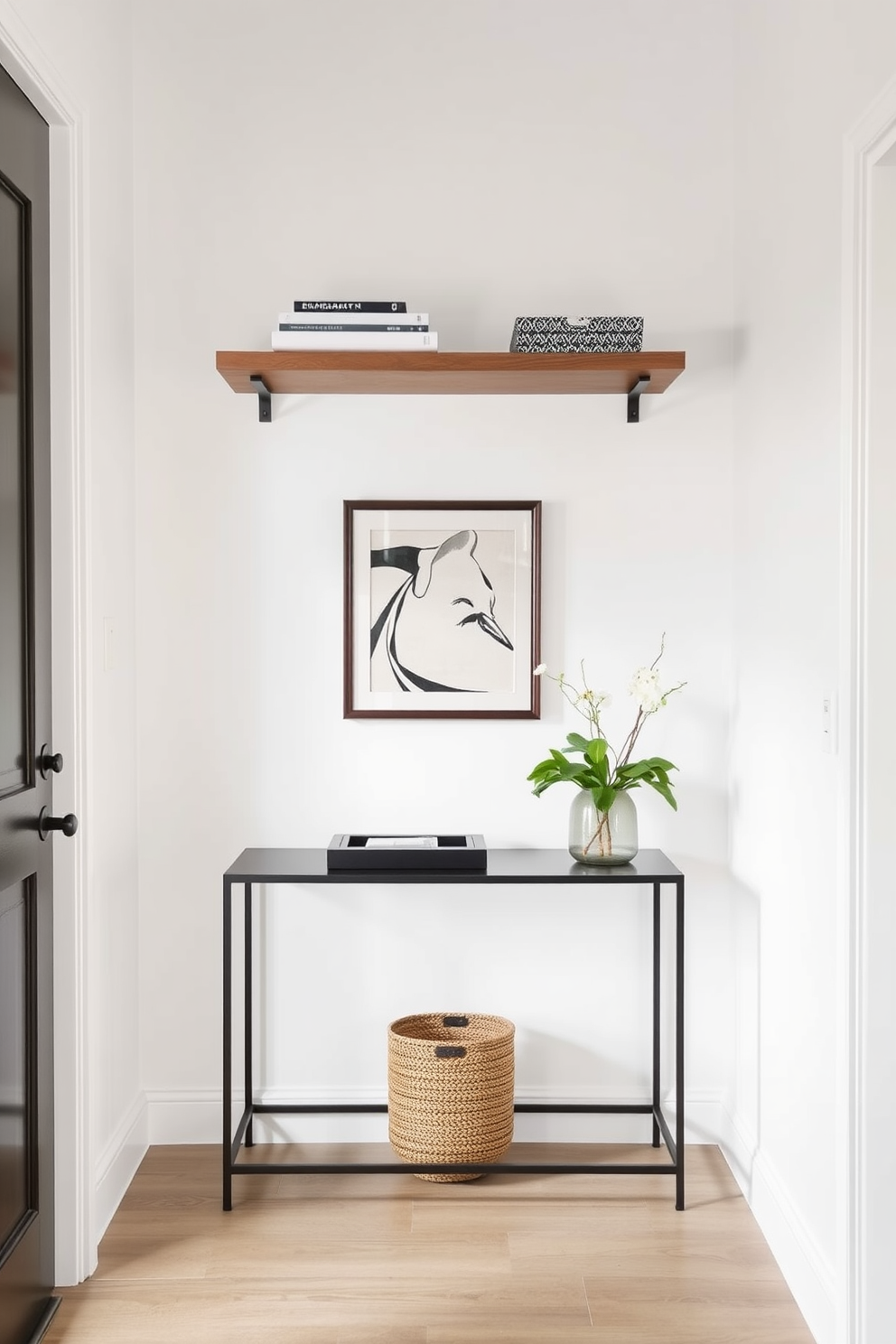 A stylish small foyer features sleek floating shelves that maximize vertical space for storage and display. The walls are painted in a light, airy color, creating an inviting atmosphere while a chic console table adds functionality without crowding the space.