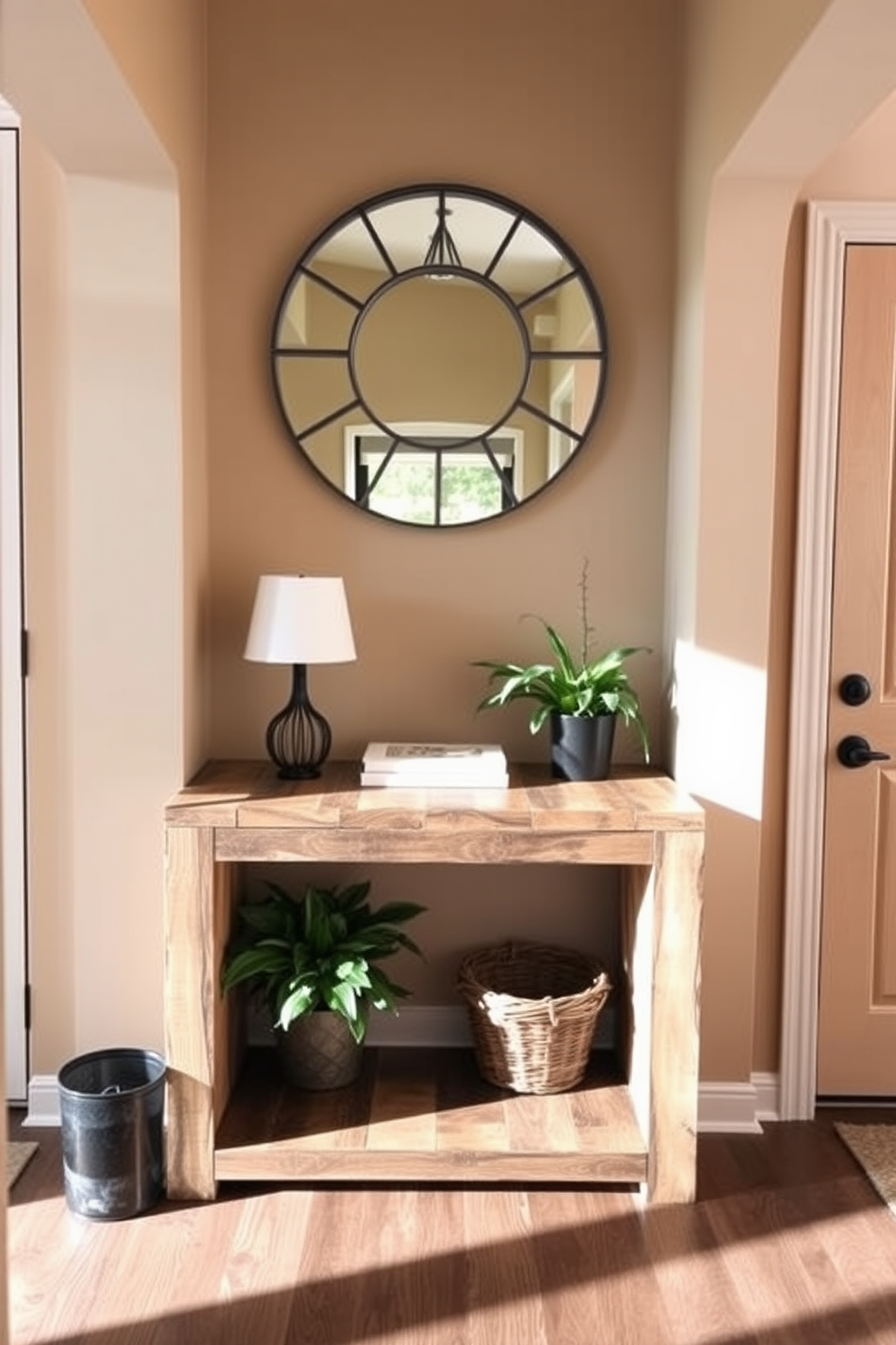 A narrow entryway table made of reclaimed wood sits against the wall, adorned with a collection of potted plants in varying heights. The walls are painted in a soft gray hue, and a round mirror hangs above the table, reflecting natural light from a nearby window. The floor features light-colored hardwood, complemented by a woven jute rug that adds texture. To the side, a small coat rack is mounted on the wall, providing functionality without cluttering the space.