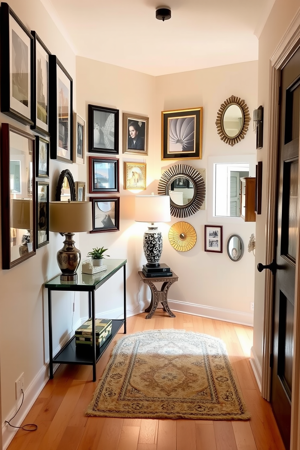 A small foyer with a warm and inviting atmosphere. The walls are adorned with a gallery wall featuring a mix of framed art, photographs, and decorative mirrors to showcase personality. A stylish console table sits against one wall, topped with a decorative lamp and a small potted plant. The flooring is a light hardwood, complemented by a cozy area rug that adds texture and warmth to the space.