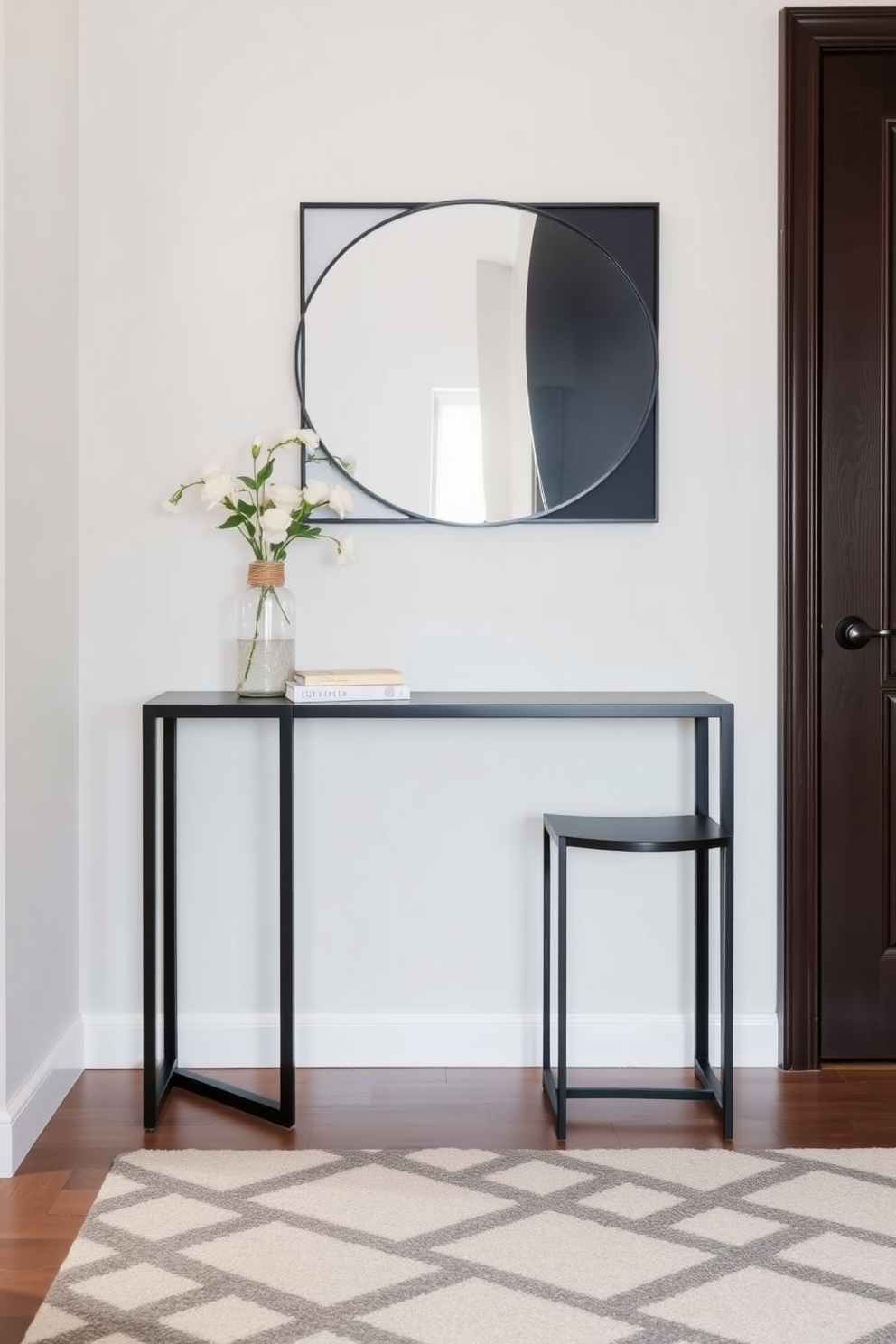 A stylish foyer with a corkboard wall for notes and reminders. The space features a sleek console table with a decorative lamp and a small potted plant. The corkboard is framed in natural wood, providing a warm contrast to the light-colored walls. A round mirror hangs above the console table, reflecting the inviting atmosphere of the foyer.