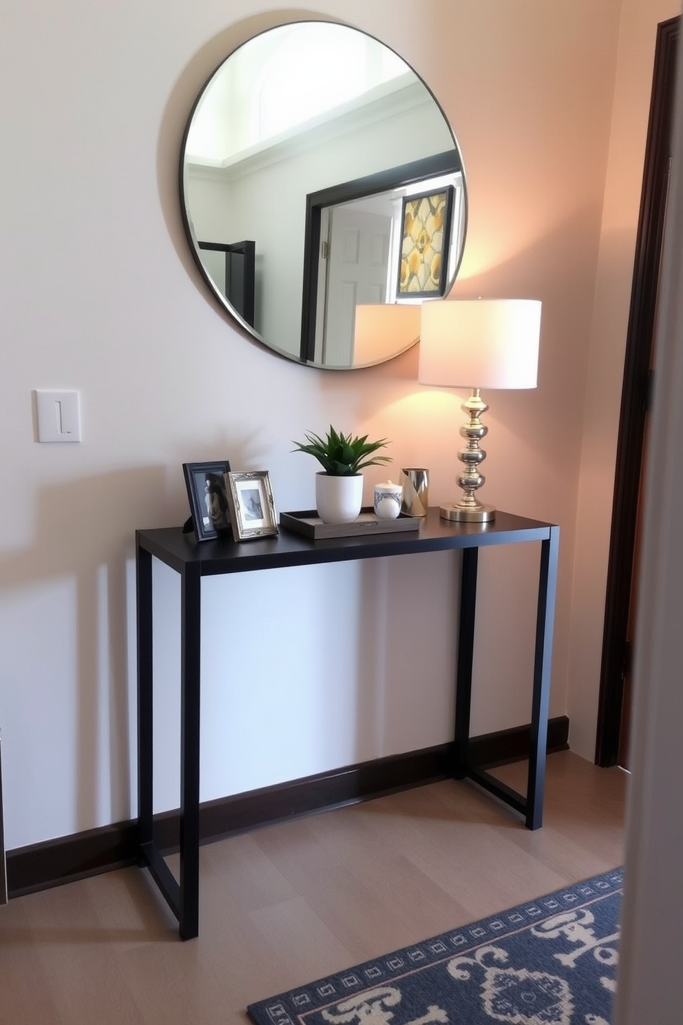 A small foyer features floating shelves that provide stylish storage solutions. The shelves are adorned with decorative items and plants, creating an inviting atmosphere. The walls are painted in a soft neutral tone, complementing the warm wooden flooring. A sleek console table sits beneath the shelves, topped with a modern lamp and a decorative mirror.