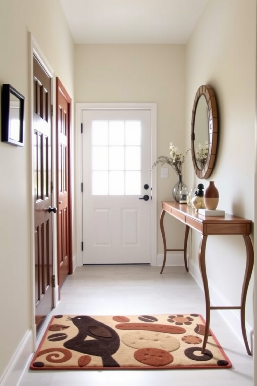 A small foyer featuring a unique door mat that adds character to the space. The walls are painted in a soft pastel color, and a stylish console table is placed against one side, adorned with decorative items and a small mirror above it.