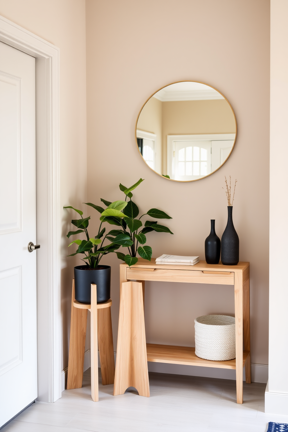 A stylish accent chair is placed in the corner of the foyer, upholstered in a rich navy fabric that adds a pop of color. The chair is complemented by a small side table with a sleek metallic finish, perfect for holding a decorative lamp or a stack of books. The foyer features a minimalist console table against the wall, adorned with a statement mirror that reflects natural light. Soft lighting from a pendant fixture enhances the warm ambiance, while a small potted plant adds a touch of greenery.