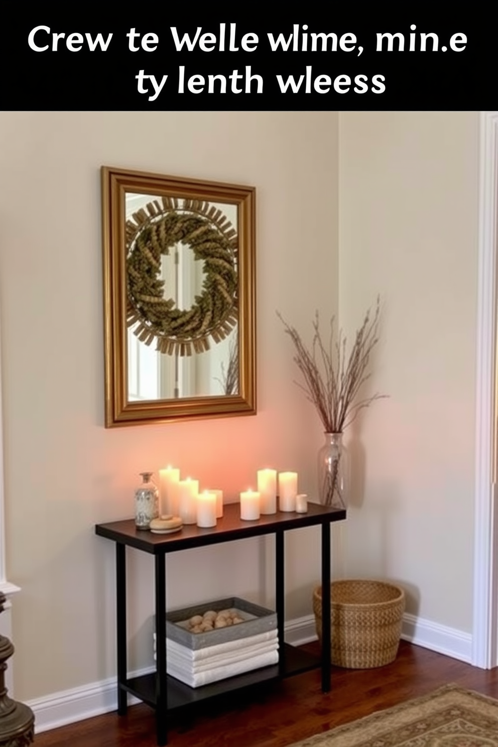 Create a welcoming entry with candles. The space features a small foyer with soft lighting, a console table adorned with decorative items, and a large mirror that reflects warmth.