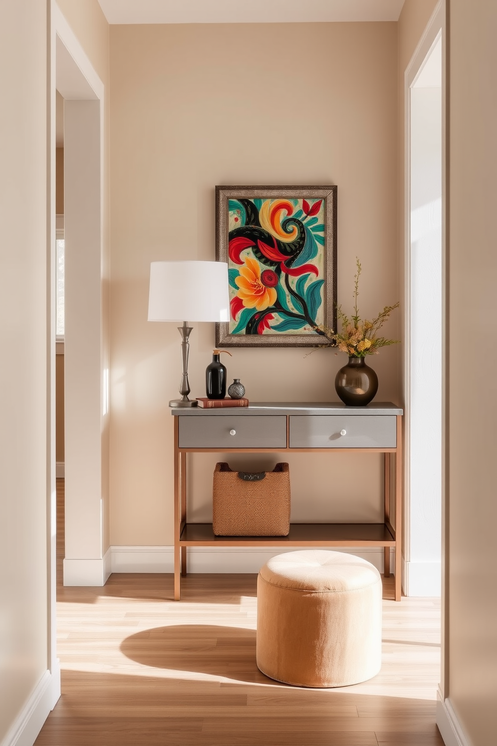 A stylish small foyer features a sleek console table against the wall, adorned with a decorative mirror above it. To the side, a cozy small stool provides quick seating, complementing the warm color palette of the space. The walls are painted in a soft neutral tone, enhancing the natural light that floods the area. A vibrant piece of artwork hangs above the console, adding a pop of color and personality to the entryway.