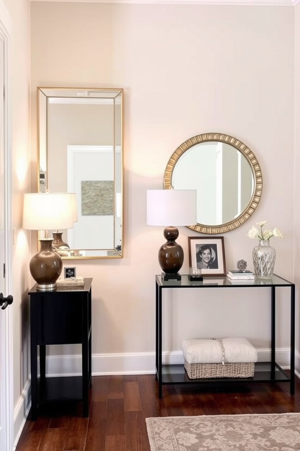 A small foyer design that combines elegance and functionality. The space features a statement mirror that reflects light and adds depth, enhancing the overall ambiance. The walls are adorned with a soft, neutral paint color, creating a warm welcome. A stylish console table sits against one wall, complemented by decorative accessories and a chic lamp for added illumination.