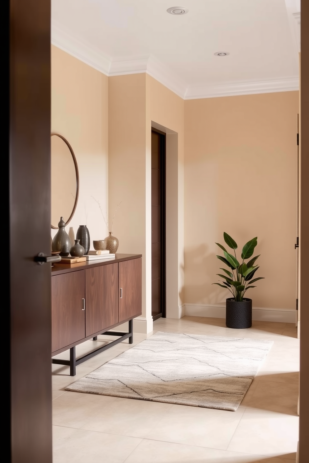 A small foyer with a warm and inviting atmosphere. The walls are painted in a soft beige hue, complemented by a stylish area rug in muted tones. A sleek sideboard is placed against one wall, adorned with decorative items and a small mirror above it. A potted plant sits in the corner, bringing a touch of greenery to the space.