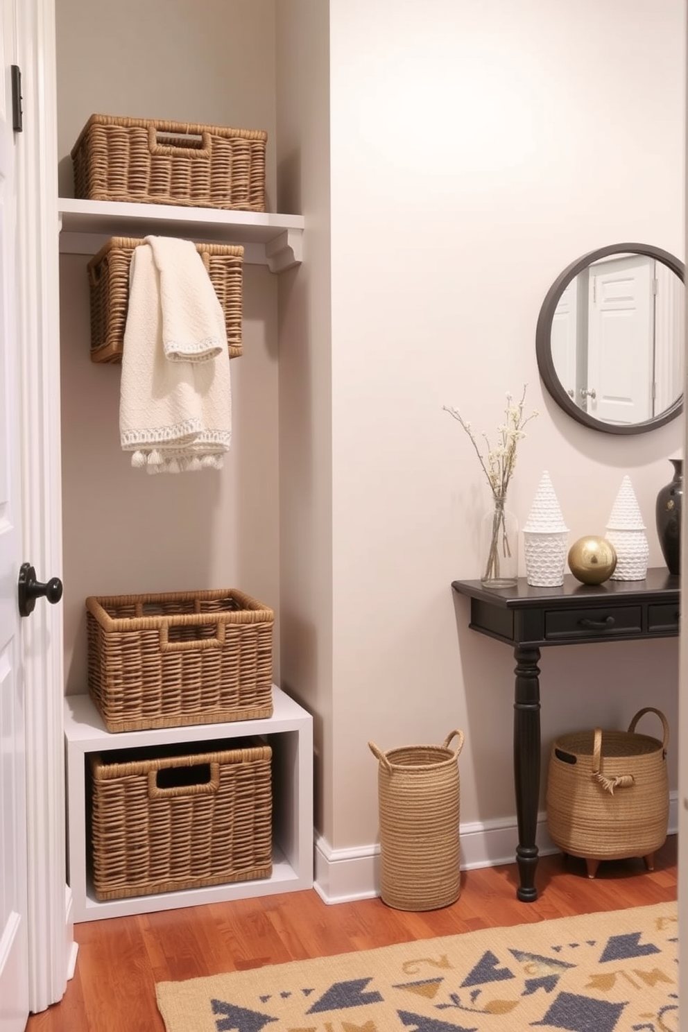 A small foyer with accent lighting that creates a warm and inviting atmosphere. The walls are painted in a soft beige, and a stylish console table is placed against one side, topped with decorative items. A statement pendant light hangs from the ceiling, casting a gentle glow throughout the space. A large mirror is positioned above the console table, reflecting light and making the foyer feel more spacious.