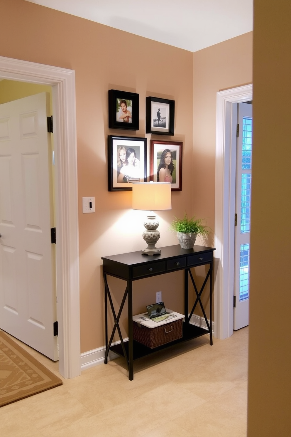 A small foyer filled with vibrant energy featuring colorful artwork on the walls. A sleek console table sits against one side adorned with decorative items and a small potted plant.