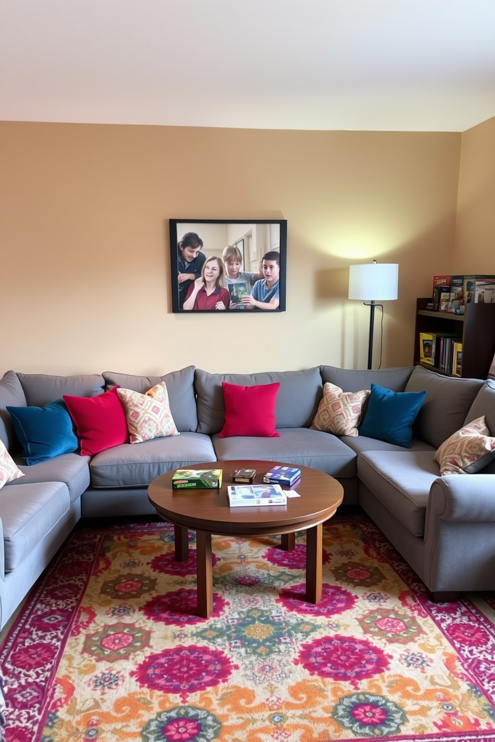 A cozy corner designed for board games features a plush sectional sofa with colorful throw pillows arranged around a low wooden coffee table. The walls are adorned with framed game posters, and a soft area rug adds warmth to the hardwood floor. In one corner, a small bookshelf holds an assortment of board games and books, while a vintage-style floor lamp provides soft lighting for evening play. A snack station with a stylish cart is placed nearby, stocked with treats and refreshments for game night.