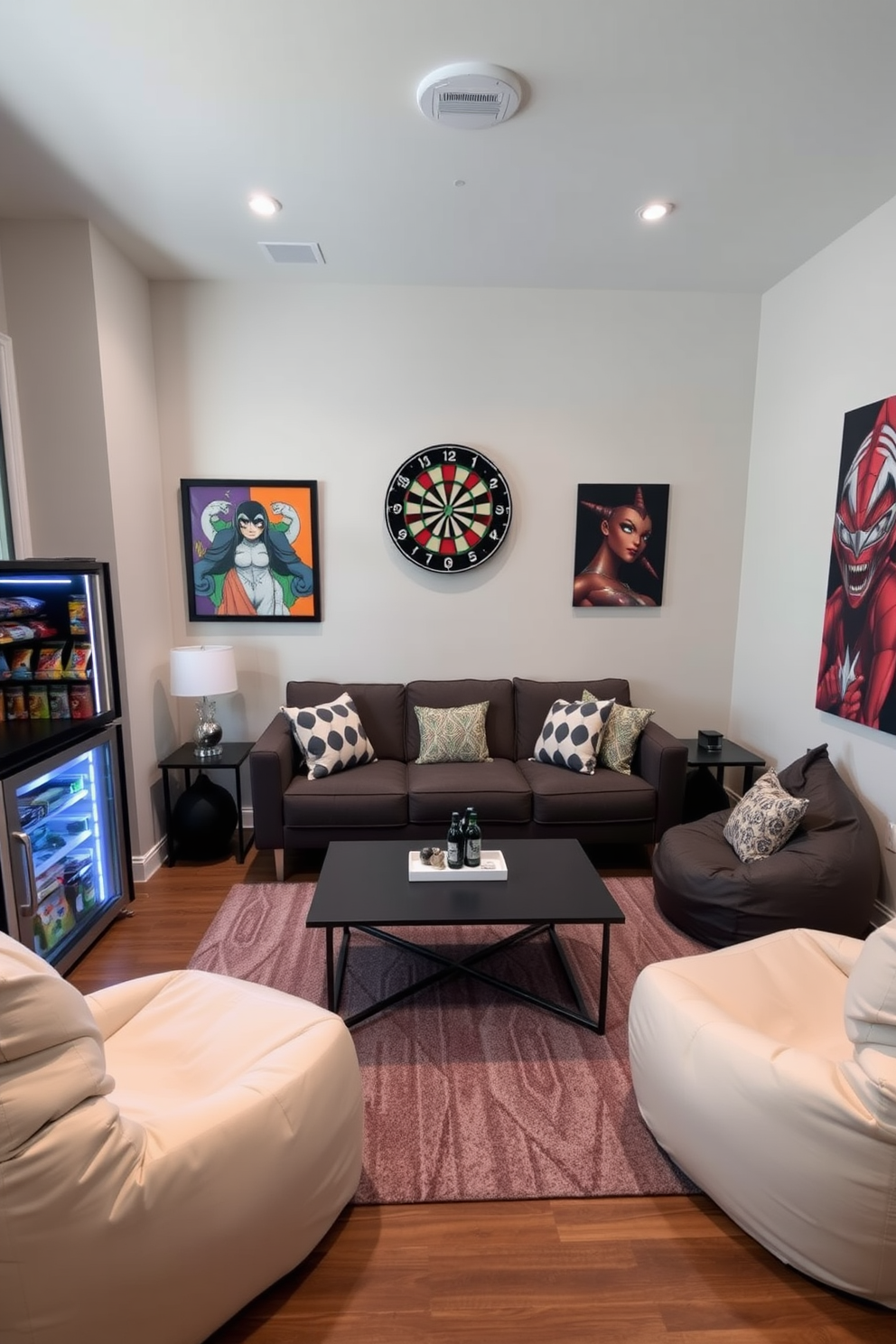 A small game room designed for an immersive gaming experience features soundproof walls to minimize external noise. The room is equipped with comfortable seating, ambient lighting, and a large screen for gaming. Incorporate shelves for game storage and display collectibles to enhance the atmosphere. A cozy rug adds warmth to the space while providing a comfortable area for gameplay.