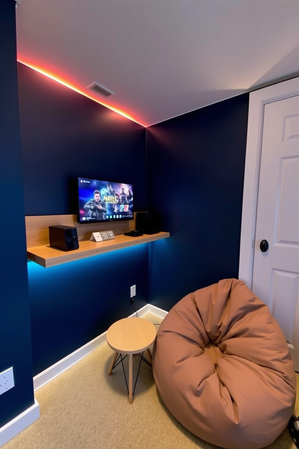 A cozy game room designed for relaxation and entertainment. The space features a plush sectional sofa facing a large wall-mounted TV, with a sleek coffee table in front. To the side, a mini fridge is seamlessly integrated into a custom-built cabinet for refreshments. Brightly colored wall art adds a playful touch, while soft lighting creates a warm and inviting atmosphere.