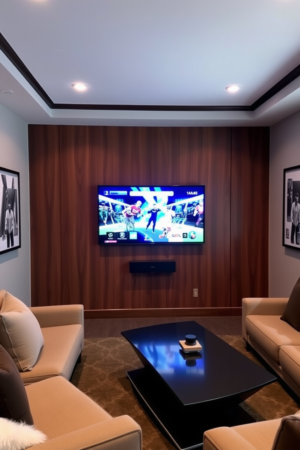 A vibrant small game room featuring gaming-themed wallpaper that showcases colorful graphics of popular video games. The room includes a cozy gaming chair, a sleek console table, and shelves filled with game controllers and collectibles.