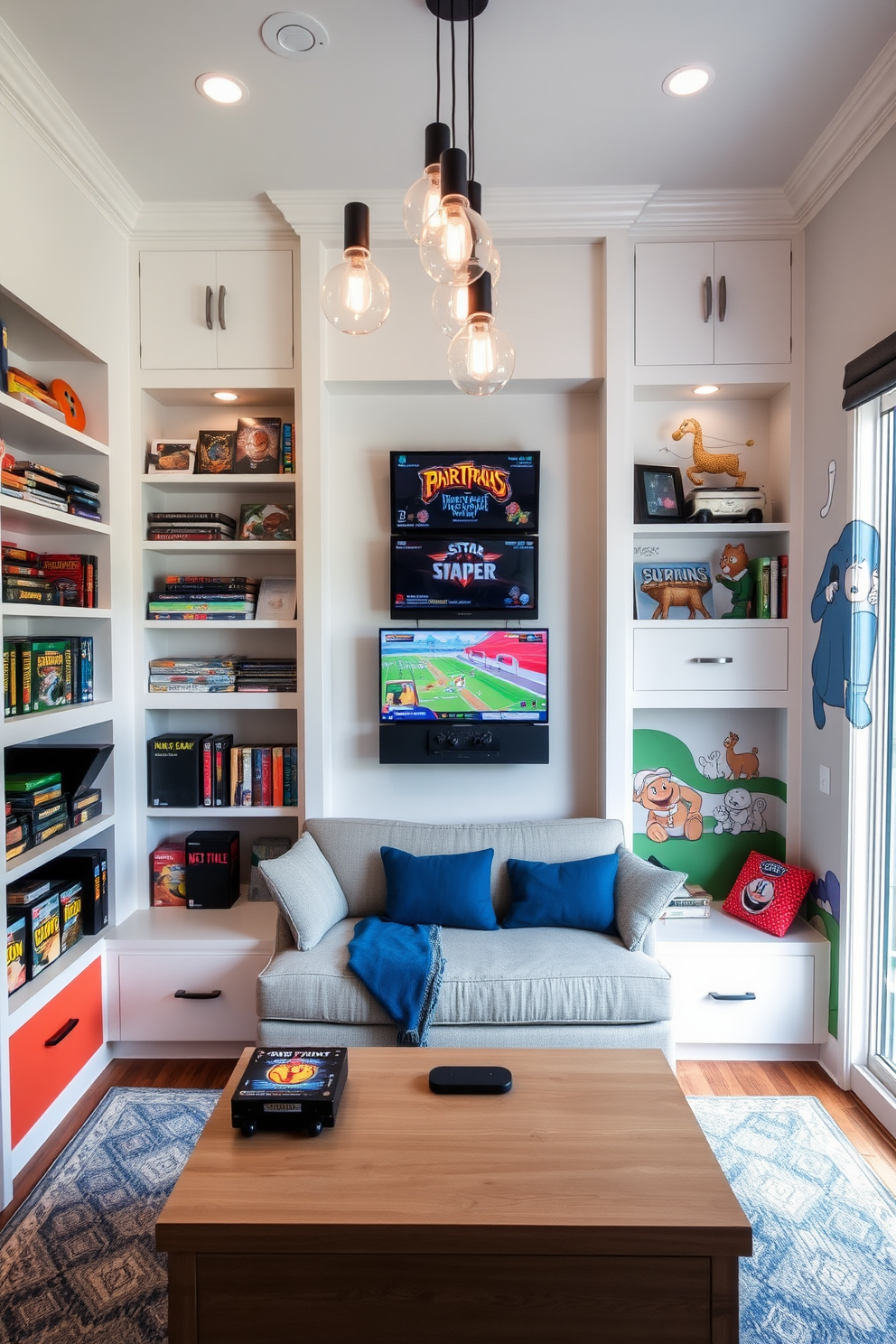 A cozy game room featuring adjustable lighting that can be tailored to create different moods. The room includes a plush sectional sofa, a sleek coffee table, and a wall-mounted TV for entertainment. Soft ambient lights are installed in the ceiling, while floor lamps provide additional illumination. A stylish rug anchors the space, and shelves display an array of board games and collectibles.