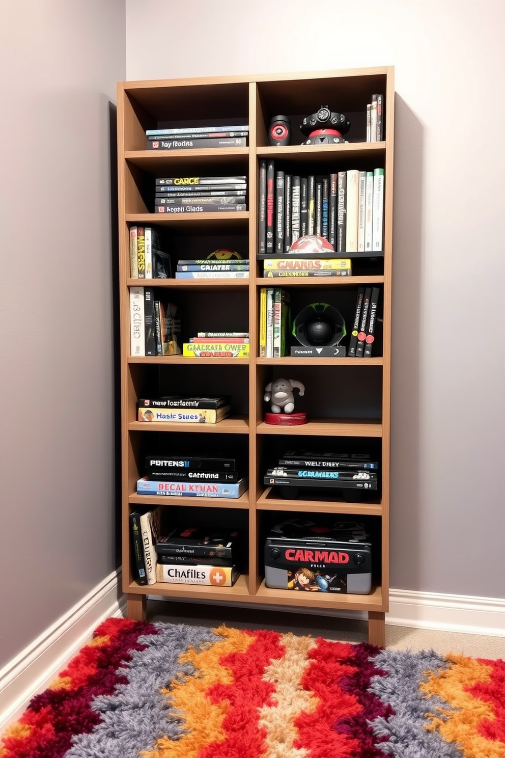 A cozy gaming library filled with shelves lined with games and books. The room features a comfortable sectional sofa in a rich navy blue, paired with a stylish coffee table made of reclaimed wood. The walls are painted in a warm gray tone, creating an inviting atmosphere. Ambient lighting is provided by sleek wall sconces and a statement floor lamp in the corner, enhancing the room's modern aesthetic.