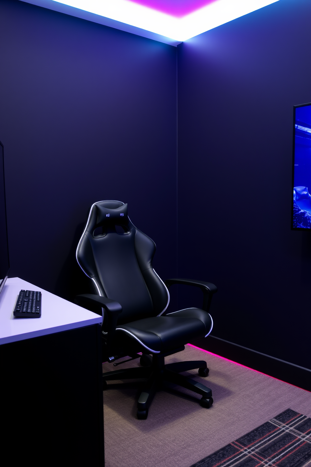 A cozy game room featuring a corner desk designed specifically for a gaming setup. The desk is equipped with dual monitors, a comfortable ergonomic chair, and ambient LED lighting that enhances the gaming experience. The walls are adorned with gaming posters and shelves displaying collectibles. A plush area rug lies beneath the desk, while a small bean bag chair invites relaxation during breaks.