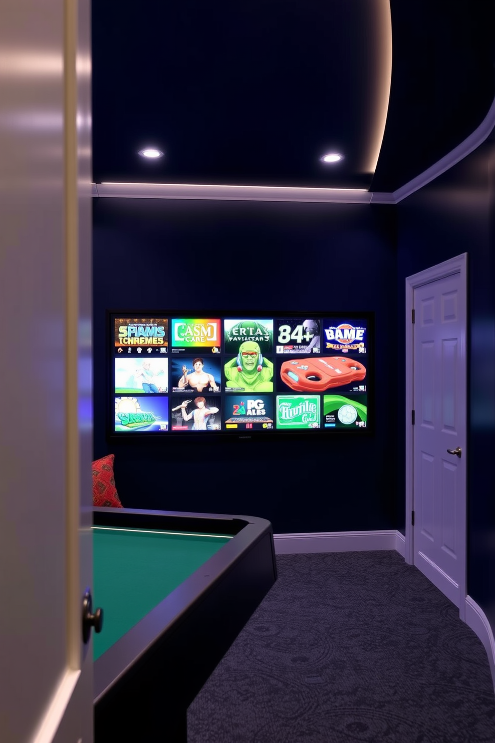 A cozy game room with vibrant bean bags scattered around for casual seating. The walls are painted in a playful blue hue, and a large area rug adds warmth underfoot.