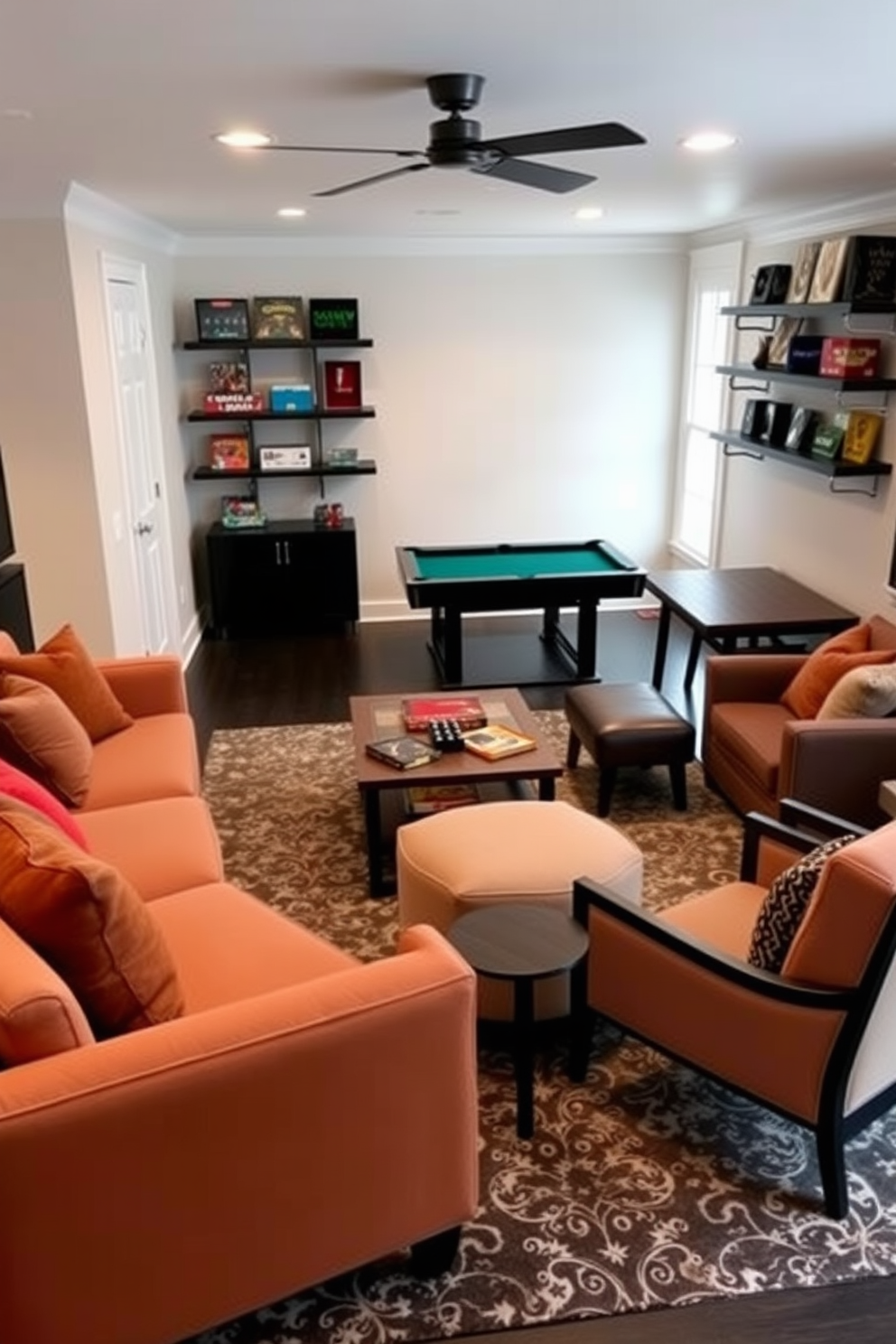 A cozy game room featuring a stylish ladder shelf against one wall. The shelf is adorned with board games, books, and decorative items, creating an inviting atmosphere for relaxation and entertainment.