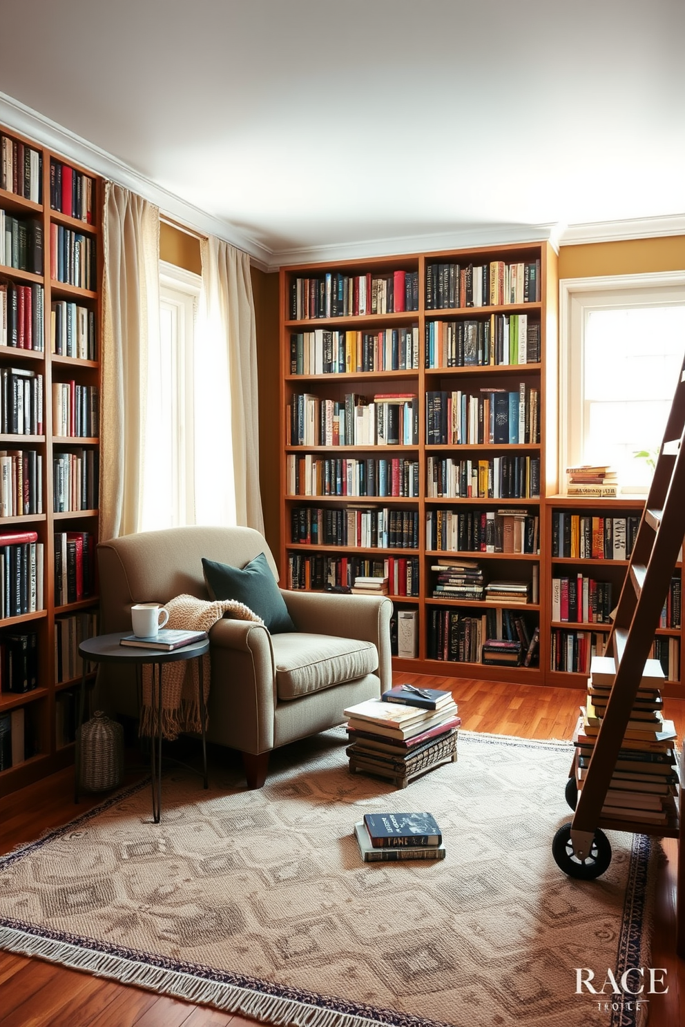 A cozy reading nook by the window features a plush armchair upholstered in soft fabric with a warm throw draped over the side. A small side table holds a steaming cup of tea and a stack of well-loved books, while natural light pours in through sheer curtains. The small home library design includes floor-to-ceiling bookshelves filled with a curated collection of books in various genres. A comfortable rug anchors the space, and a ladder on wheels adds a touch of charm while providing easy access to the higher shelves.