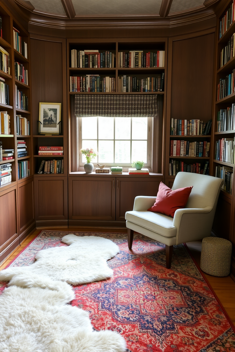 A cozy small home library featuring soft rugs that add warmth and comfort to the space. The walls are lined with built-in bookshelves filled with an array of books, while a comfortable reading chair sits invitingly in the corner.