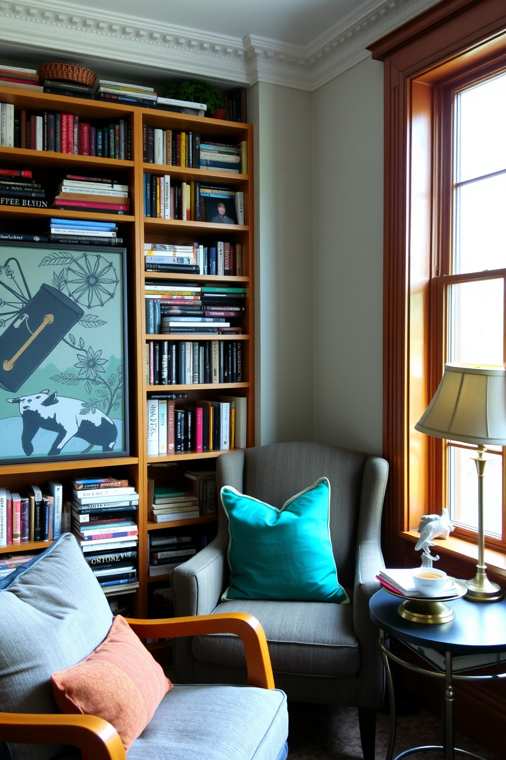 A vibrant small home library filled with bright colors to energize the space. Shelves lined with books in an array of hues create a lively backdrop against a sunny yellow accent wall. A cozy reading nook features a plush turquoise armchair and a matching ottoman. A whimsical patterned rug adds texture to the hardwood floor, while a large window allows natural light to flood the room.