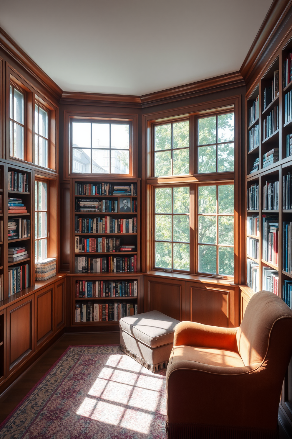 A cozy small home library bathed in natural light streaming through large windows. The walls are lined with built-in wooden bookshelves filled with an array of books, while a plush reading chair sits in the corner, inviting relaxation.