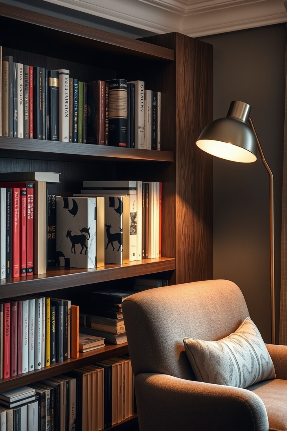 A cozy small home library featuring glass doors that invite natural light into the space. The room is adorned with floor-to-ceiling bookshelves filled with a curated selection of books, creating an inviting atmosphere for reading and relaxation.