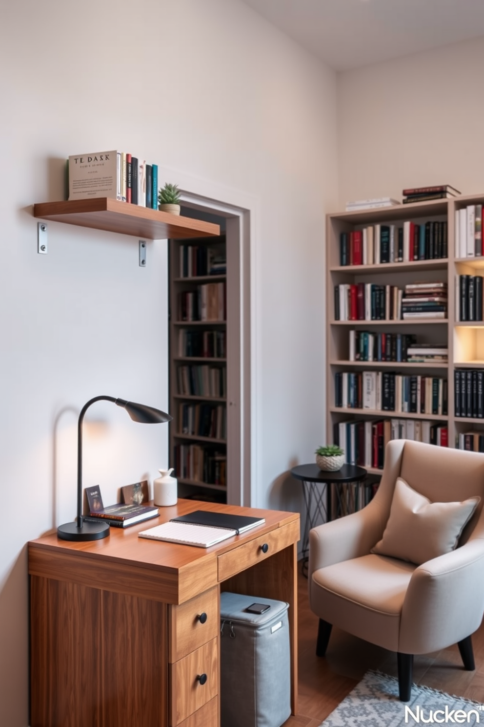 A cozy small home library with natural wood accents throughout the space. The walls are lined with custom-built wooden shelves filled with books, and a comfortable reading nook features a plush armchair and a small wooden side table.