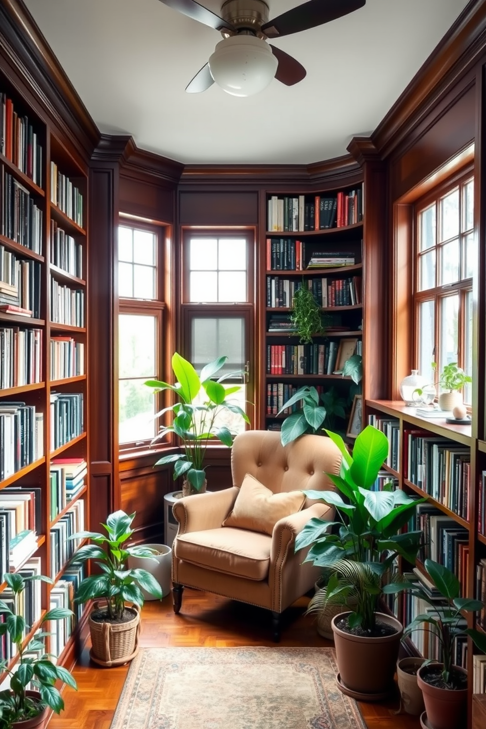 A cozy small home library filled with natural light. There are floor-to-ceiling bookshelves made of rich mahogany wood, lined with an eclectic collection of books. In the center, a comfortable reading nook features a plush armchair and a small side table. Potted plants in various sizes are strategically placed throughout the space, adding a fresh and vibrant touch.