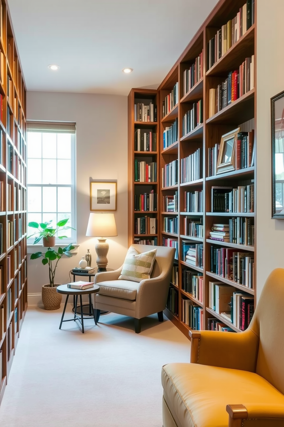 Narrow bookcases line the walls of a cozy small home library, maximizing vertical space while maintaining a clean aesthetic. A comfortable reading nook with a plush armchair sits in the corner, accompanied by a small side table for books and a warm lamp. Natural light filters through a nearby window, highlighting the rich wood tones of the bookcases and creating an inviting atmosphere. Soft, neutral colors on the walls enhance the sense of openness, while carefully chosen decor adds personality without overwhelming the space.