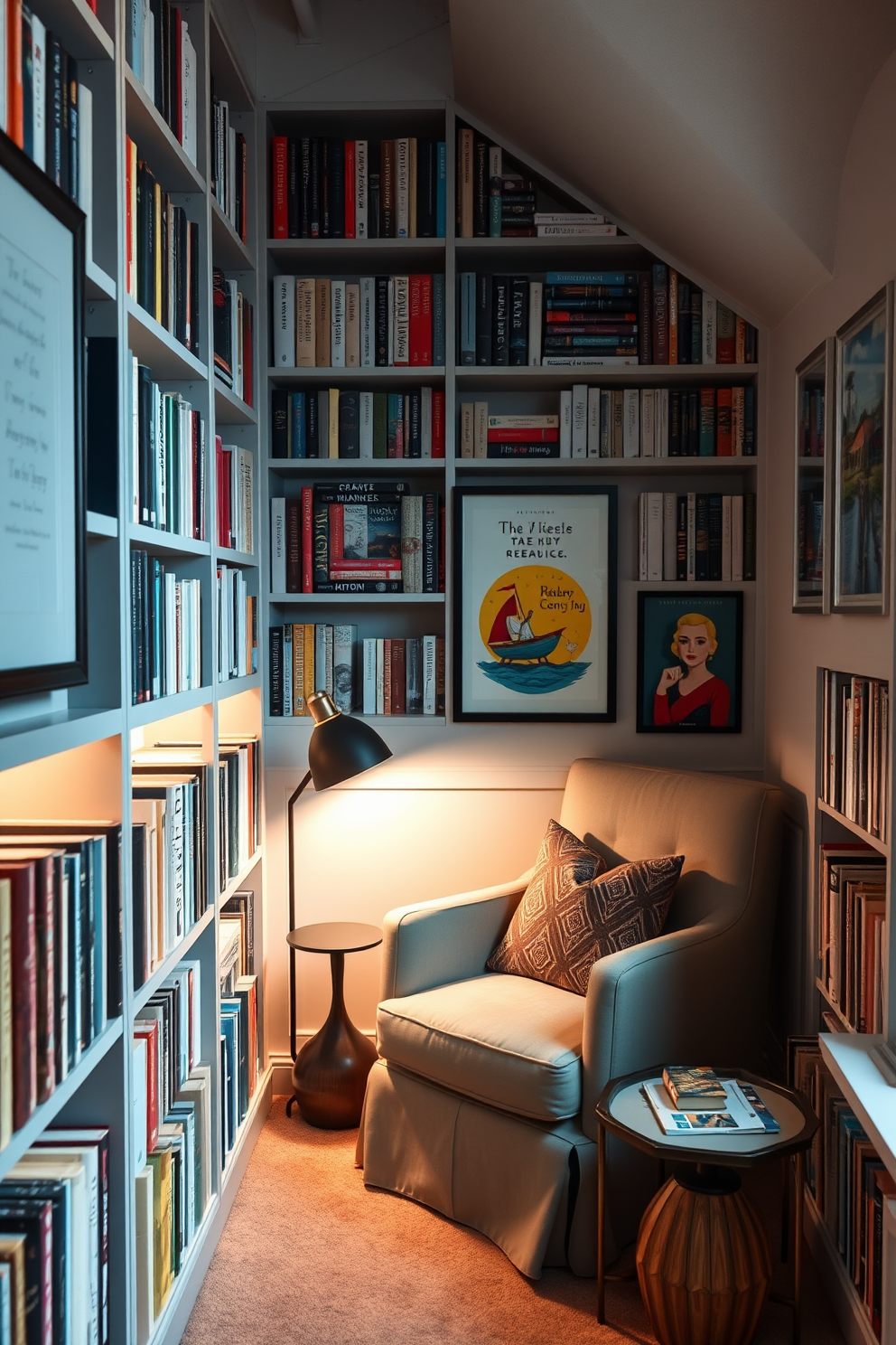 Create a cozy small home library that features a wall lined with shelves filled with books of various genres. Include a comfortable reading nook with a plush armchair, a small side table, and warm lighting that invites relaxation. Incorporate wall art that inspires reading, such as framed quotes from famous authors and colorful illustrations of literary scenes. Use a soft color palette for the walls and furnishings to create a serene atmosphere perfect for immersing oneself in a good book.