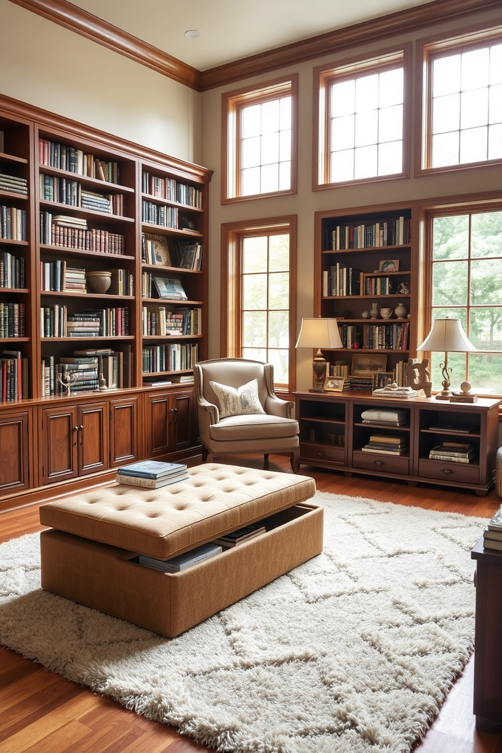 A compact desk with a shelving unit combo is designed for a small home library. The desk features a sleek, modern finish and is positioned against a wall, while the shelving unit above showcases an array of books and decorative items. The space is illuminated by a stylish desk lamp that complements the overall aesthetic. Soft, neutral tones on the walls create a calming atmosphere, enhancing the cozy reading nook.