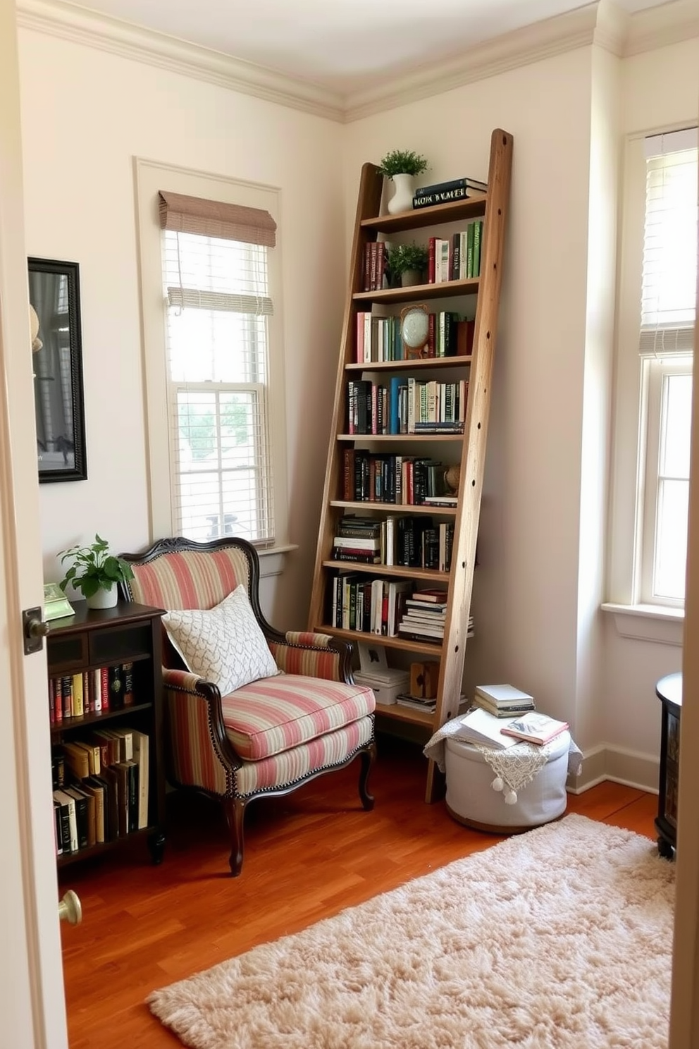 A cozy small home library featuring repurposed furniture transformed into bookshelves. The walls are painted in a soft cream color, and the floor is covered with a plush area rug that adds warmth to the space. The repurposed furniture includes an old ladder used as a unique bookshelf, showcasing a collection of books and decorative items. A vintage armchair sits in the corner, inviting readers to curl up with their favorite novel.