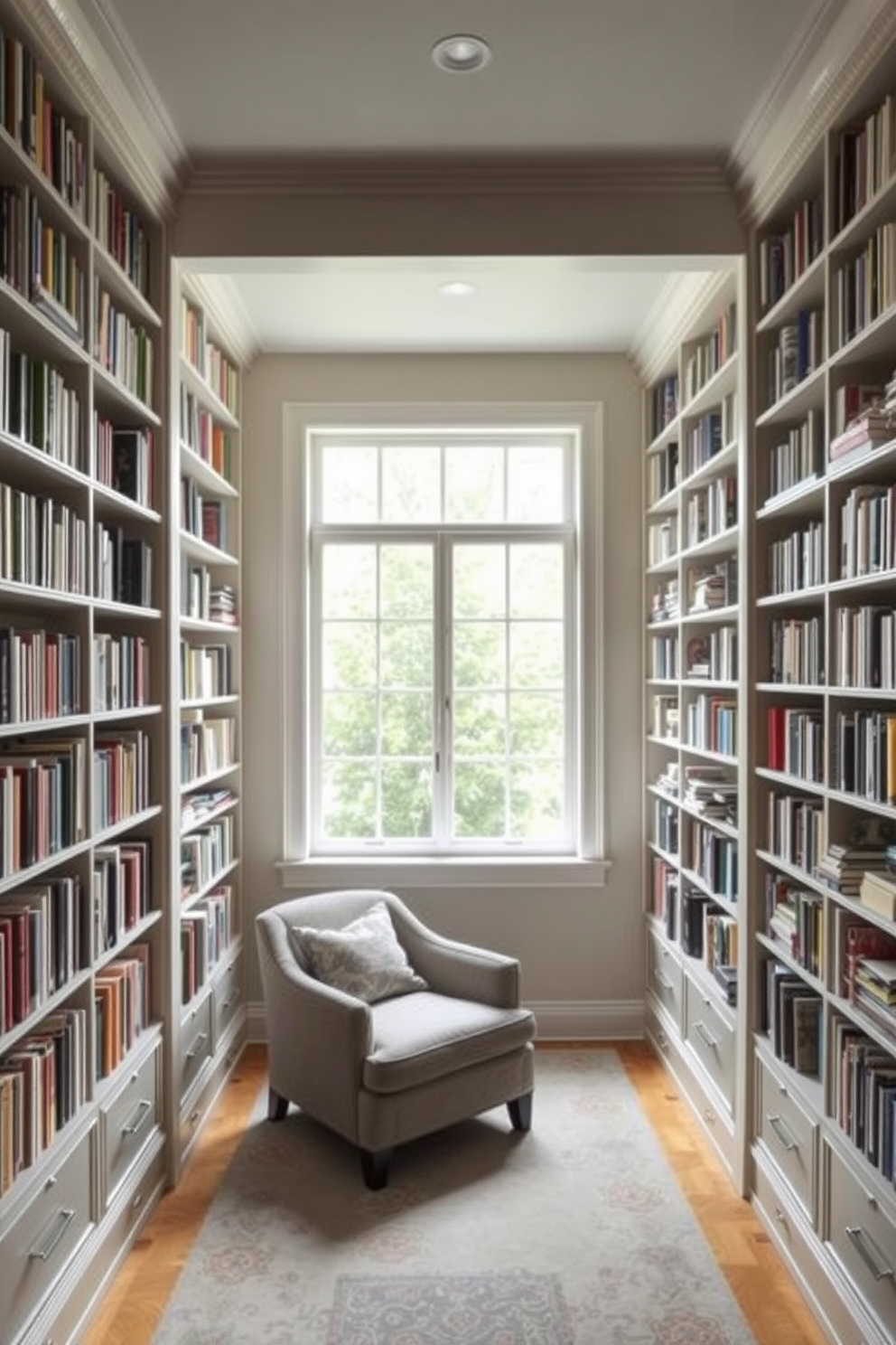 A cozy small home library features wall-mounted bookshelves that stretch from floor to ceiling, creating a seamless look. The shelves are filled with an array of books, while a comfortable reading nook with a plush armchair sits beneath a large window, inviting natural light to flood the space.