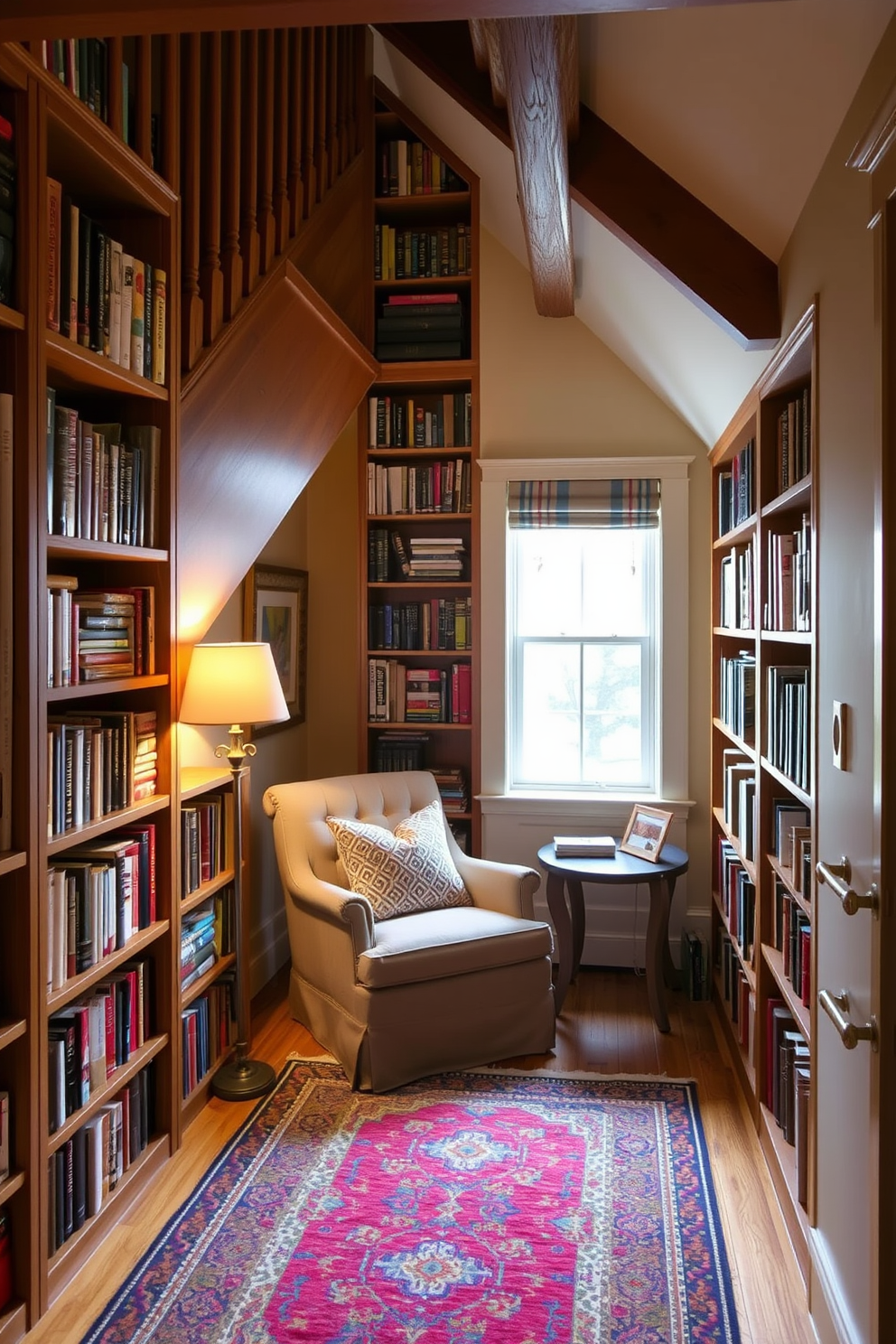 A cozy under-stair library with built-in wooden shelves filled with books. A plush reading chair is nestled in the corner, accompanied by a small side table and a warm floor lamp. The walls are painted in a soft cream color, enhancing the natural light that filters through a nearby window. A colorful rug adds texture to the space, inviting readers to sit down and enjoy their favorite novels.