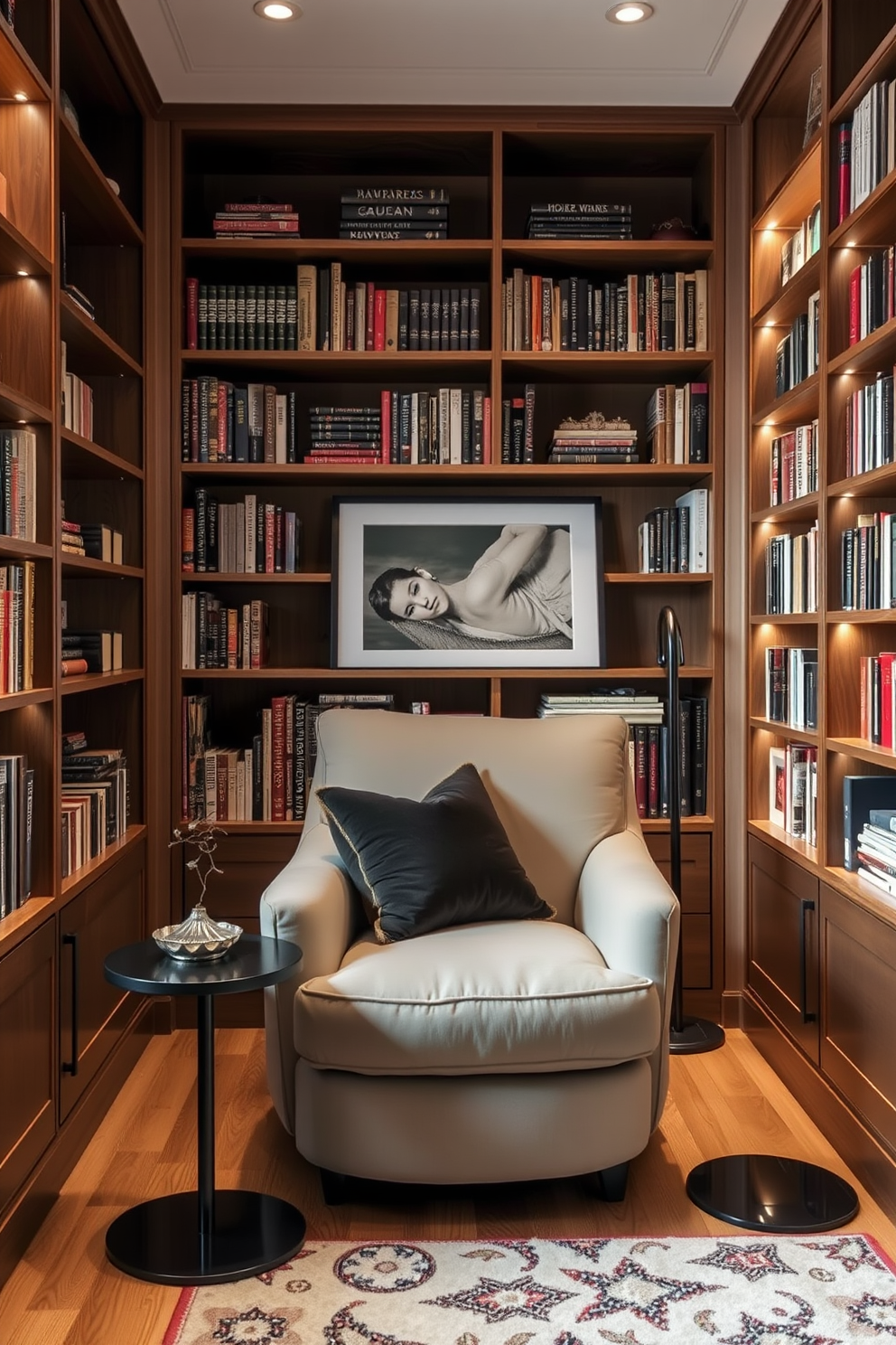 A cozy seating area features a plush, oversized armchair and a sleek side table. Built-in shelves line the walls, filled with an array of books and decorative items, creating an inviting atmosphere. Soft lighting illuminates the space, enhancing the warm tones of the wooden shelves. A small rug anchors the seating area, adding texture and comfort to the home library.