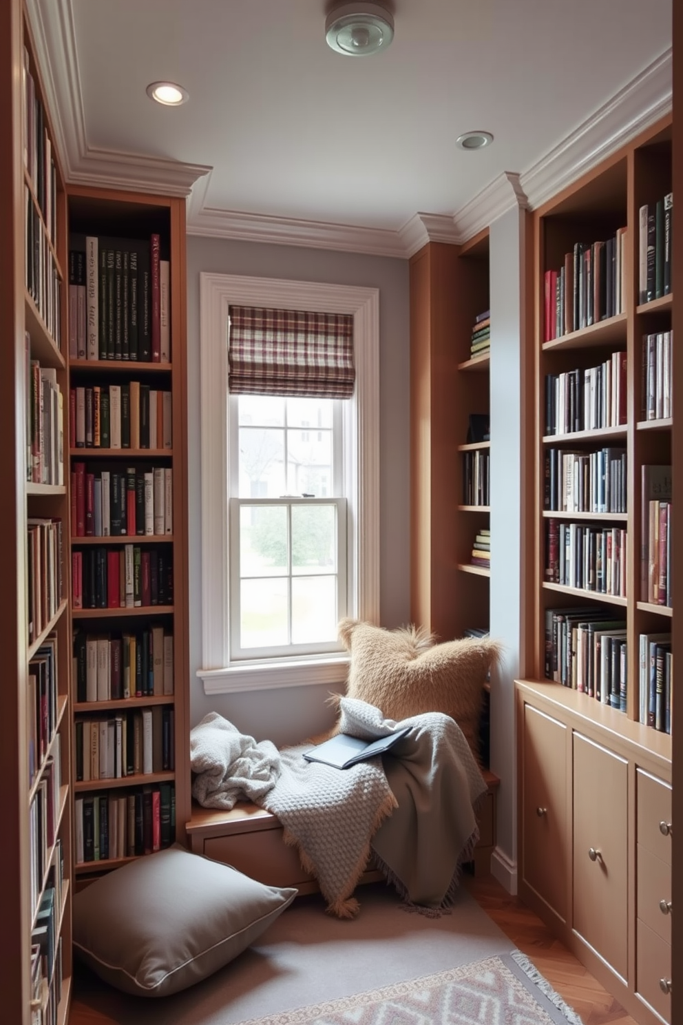 A cozy small home library features tall bookshelves that reach the ceiling, maximizing vertical space for storage and display. A comfortable reading nook is positioned by a window, adorned with plush cushions and a soft throw blanket for a warm atmosphere.