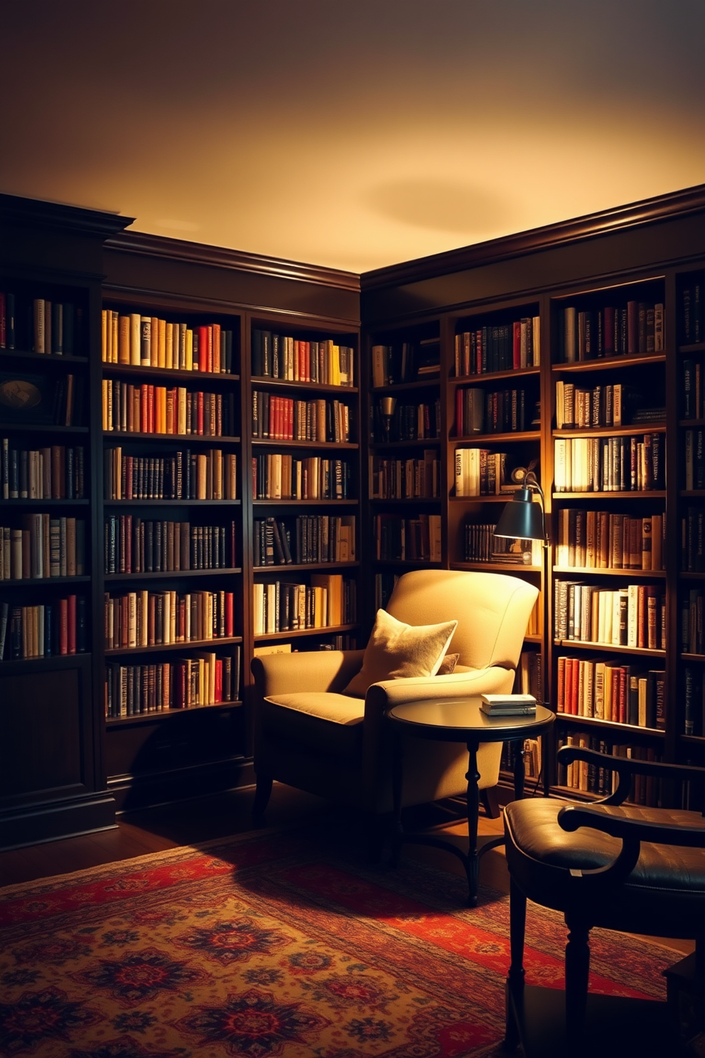 A cozy home library with mood lighting that creates an inviting atmosphere. The walls are lined with dark wooden bookshelves filled with an array of books, and a plush armchair is nestled in the corner. Soft, warm light emanates from a stylish floor lamp beside the armchair, casting a gentle glow over a small reading table. A rich, patterned rug covers the floor, adding warmth and texture to the space.