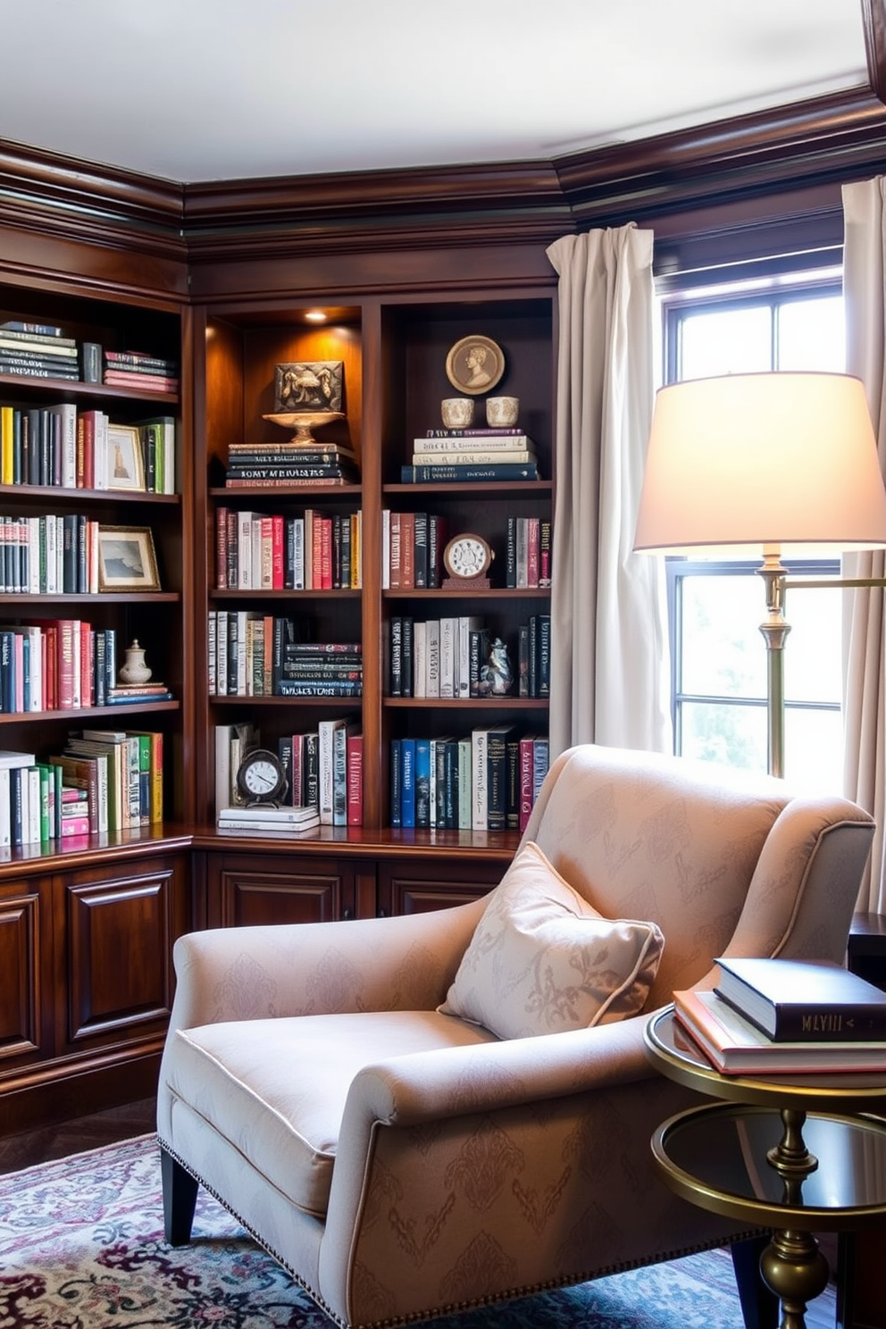 A cozy small home library features personalized book displays on elegant wooden shelves. The shelves are filled with a curated selection of books, interspersed with decorative items and personal mementos. Soft lighting creates a warm ambiance, highlighting the rich textures of the room. A comfortable reading nook with a plush armchair and a small side table invites relaxation and enjoyment of literature.