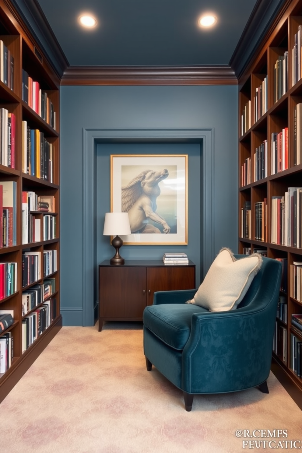 A cozy small home library with walls painted in a soft blue hue that promotes tranquility. The space features built-in wooden bookshelves filled with a variety of books, and a comfortable reading nook with a plush armchair and a small side table.