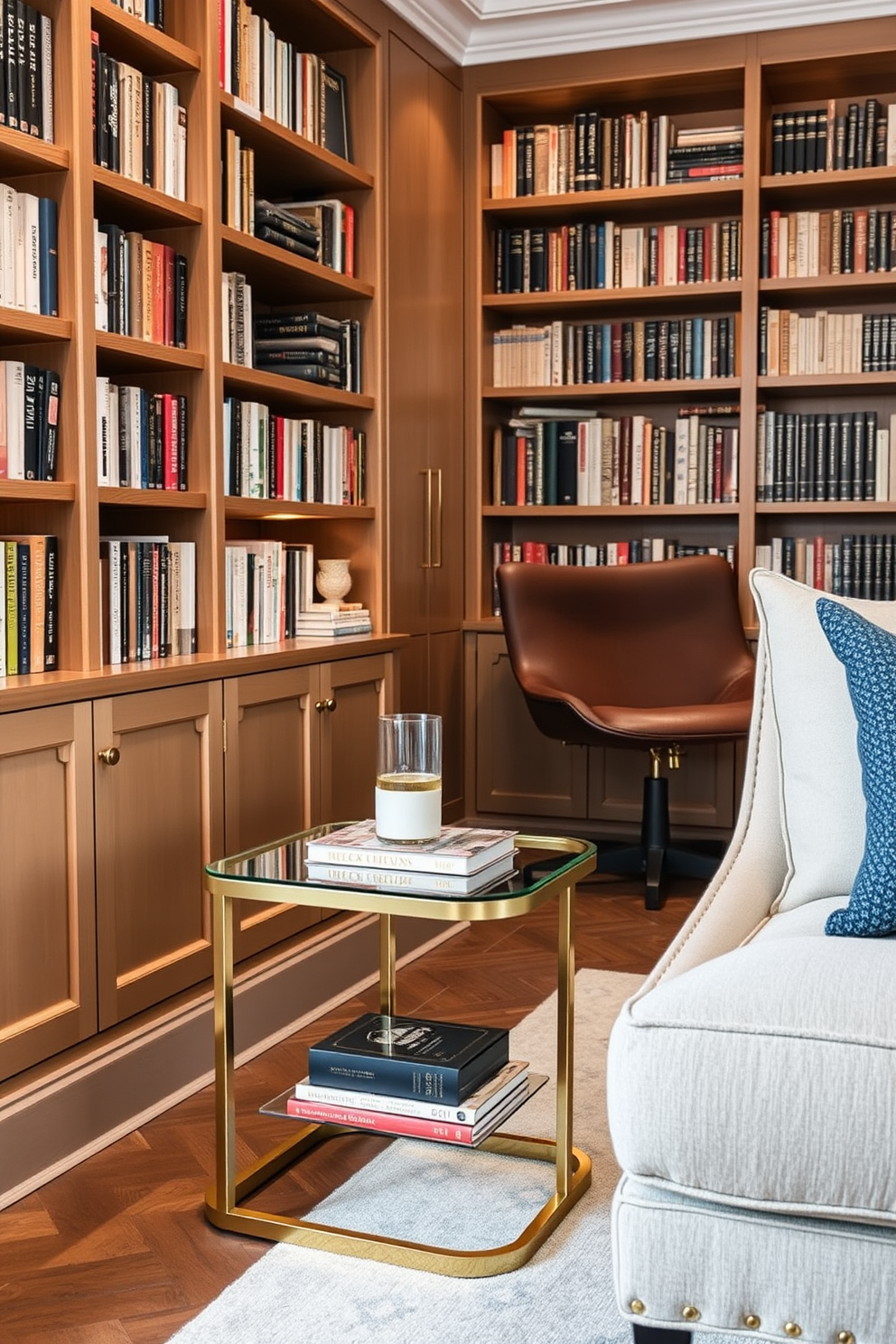 A cozy small home library featuring a comfy bean bag chair nestled in the corner. The walls are lined with tall bookshelves filled with a diverse collection of books, and a warm reading lamp casts a soft glow over the space.