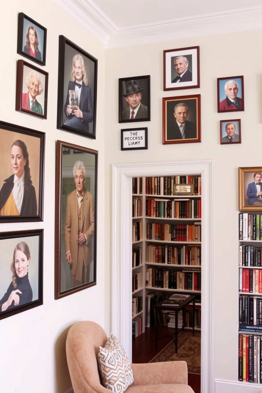 A gallery wall showcasing framed portraits of favorite authors is the focal point of the room. The wall is painted in a soft cream color, allowing the vibrant frames and artwork to stand out beautifully. Adjacent to the gallery wall, a cozy home library features floor-to-ceiling bookshelves filled with an eclectic mix of books. A comfortable reading nook is created with a plush armchair and a small side table, inviting you to relax and enjoy your favorite reads.