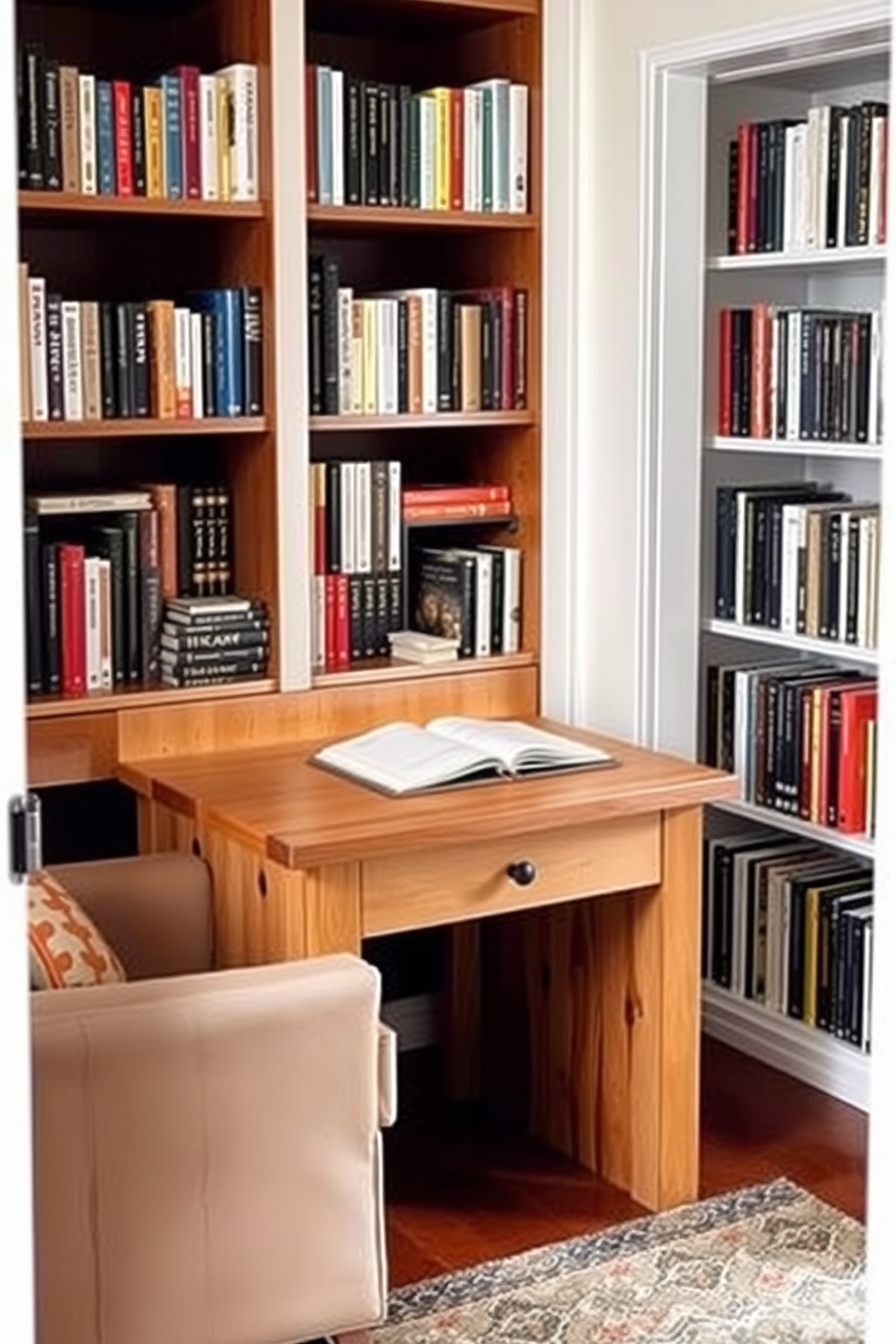 A cozy small home library features a compact wooden table designed for reading essentials. Surrounding the table are shelves filled with books, and a comfortable armchair sits nearby, inviting quiet moments of reflection.