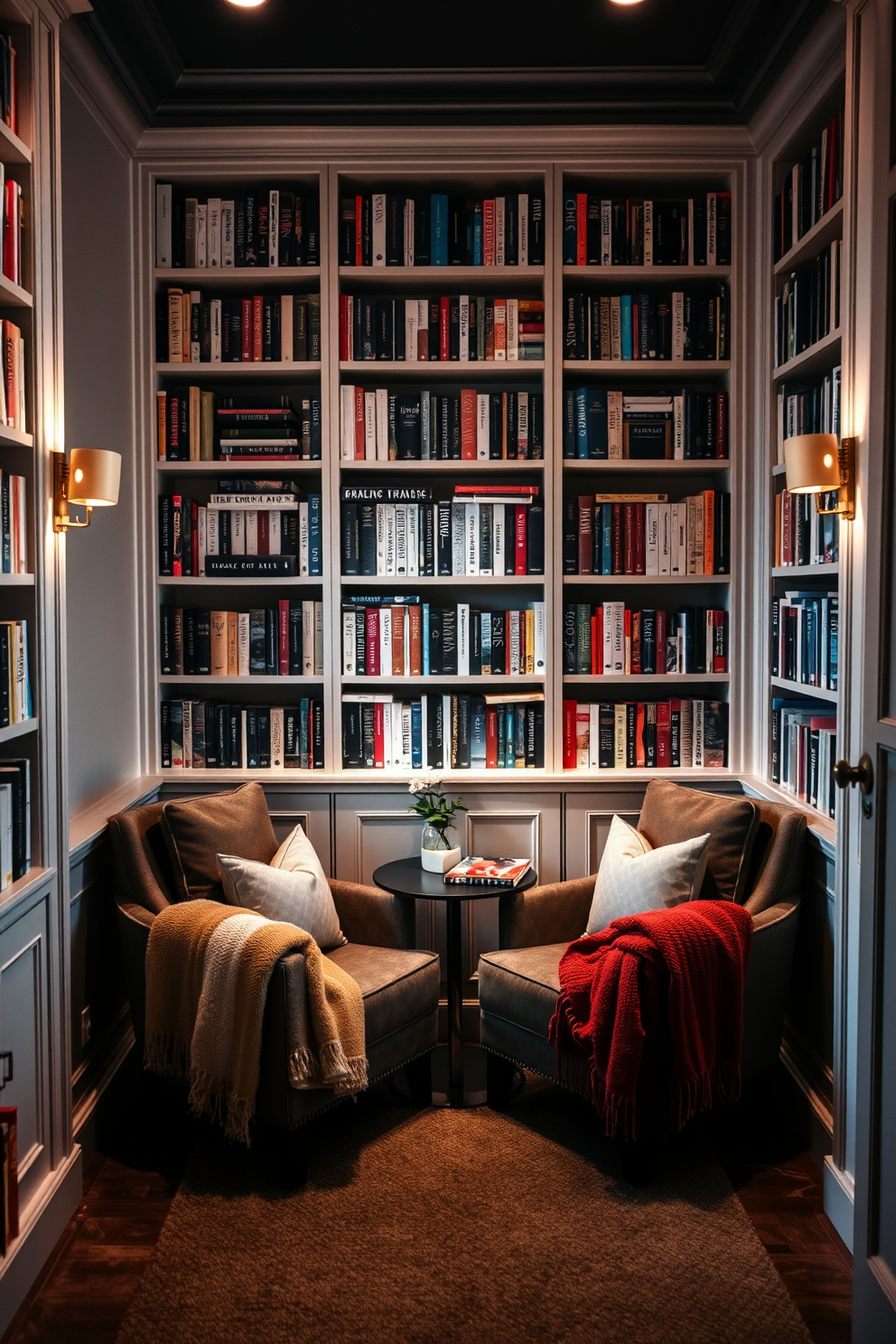 A cozy small home library featuring a comfortable reading nook with plush armchairs and warm throws draped over the sides. The walls are lined with built-in bookshelves filled with a diverse collection of books, complemented by soft ambient lighting for a welcoming atmosphere.