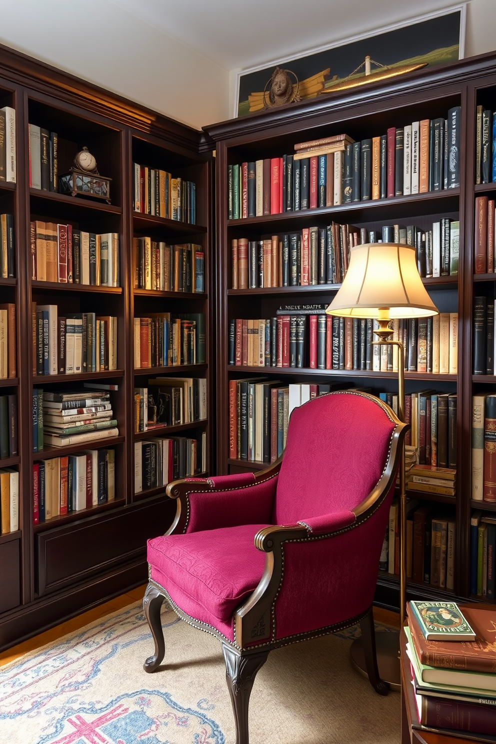 A cozy corner desk is positioned against the wall, featuring a sleek design in dark wood with ample workspace. Above the desk, there are built-in bookshelves filled with an array of books, decorative items, and potted plants to add a touch of greenery. The walls are painted in a warm beige tone, creating an inviting atmosphere for reading and studying. A comfortable armchair is placed nearby, complemented by a soft throw blanket and a small side table for a cup of coffee or tea.