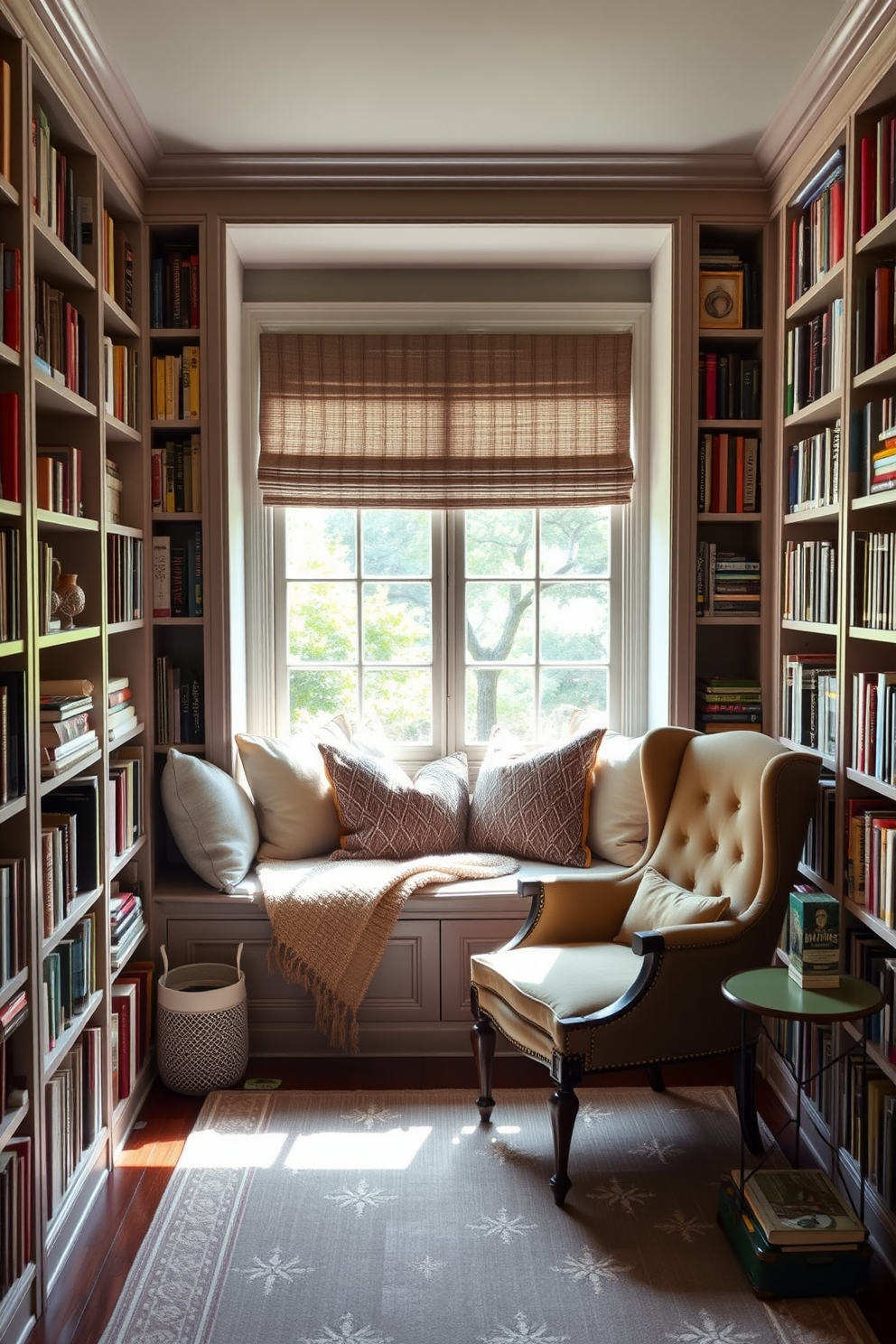 A cozy small home library with a built-in window seat that invites natural light. The window seat is adorned with plush cushions and a soft throw blanket, creating a perfect reading nook. Bookshelves line the walls, filled with an eclectic mix of books and decorative items. A comfortable armchair is positioned nearby, accompanied by a small side table for drinks or reading materials.