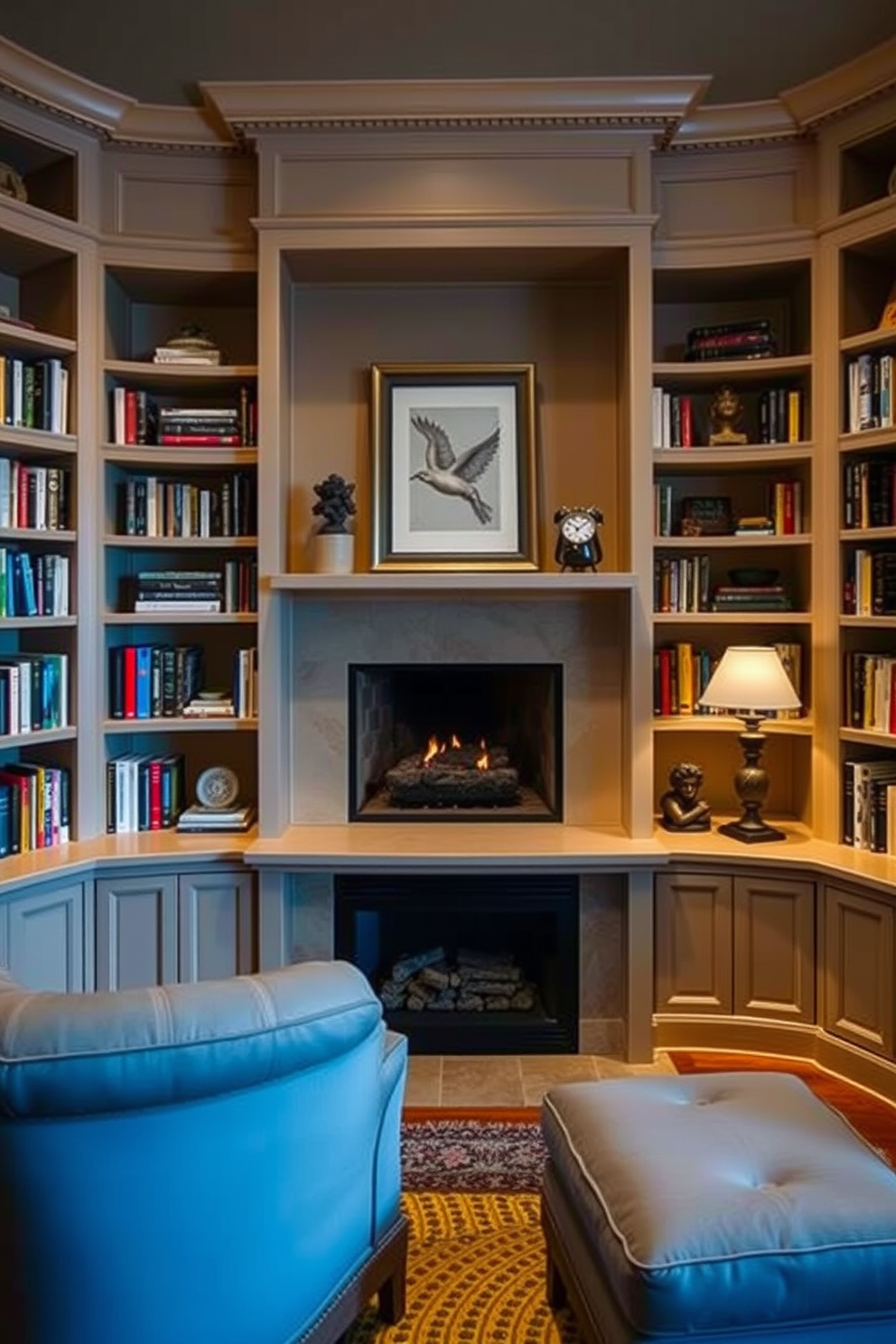 A cozy small home library with wall-mounted bookshelves filled with books and decorative items. The walls are painted in a soft cream color, and a comfortable reading nook with a plush armchair is positioned nearby.